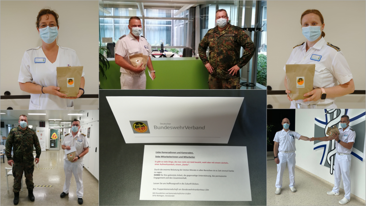 Truka-Vorsitzender Olaf Abshagen (in Flecktarn-Uniform) übergab bei seinem Rundgang durch das BwKrhs Ulm das Dankeschön des DBwV u.a. an die Angestellte Sandra Klatt, Stabsfeldwebel Oeser, Hauptfeldwebel Jana Klier, Obermaat Enrico Lein, Stabsfeldwebel Berndt und Oberstabsfeldwebel Sender. Fotomontage: DBwV/TruKa BwKrhs Ulm