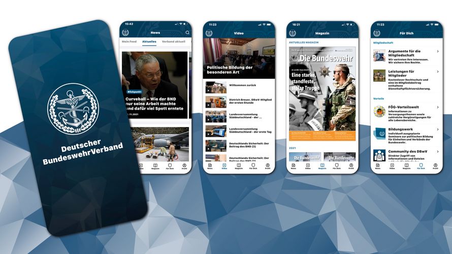 So sieht sie aus, die App des Deutschen BundeswehrVerbandes. Ab sofort können Mitglieder alle Vorteile und Angebote des Verbandes über die App nutzen, das Magazin "Die Bundeswehr" lesen, von unterwegs auf die Community zugreifen und Artikel und Nachrichten lesen. Und wer noch nicht Mitglied ist, kann es über die App direkt werden. Grafik: DBwV/Eutebach