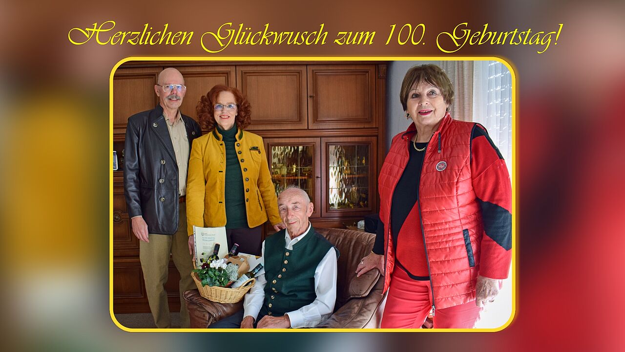 Auch mit 100 Jahren bleibt Hauptmann a.D. Paul Schulz ein geschätztes und aktives Mitglied der KERH Garmisch-Partenkirchen-Mittenwald. Zu seinem besonderen Ehrentag gratulierten ihm (v.l.) Vorsitzender Oberst a.D. Enrico Werner, Schriftführerin Claudia Krüger-Werner und Beisitzerin Erika Niedermeier. Foto: DBwV