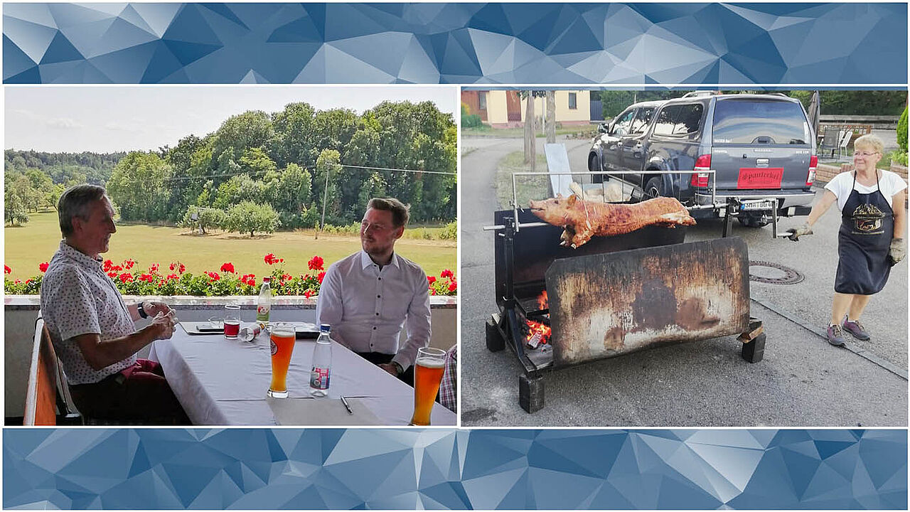Beim Sommerfest der Kameradschaft ERH mit Spanferkelessen waren Landesvorsitzender Gerhard Stärk und MdB Kevin Leisner zu Gast. Fotomontage: DBw/Kaminsky