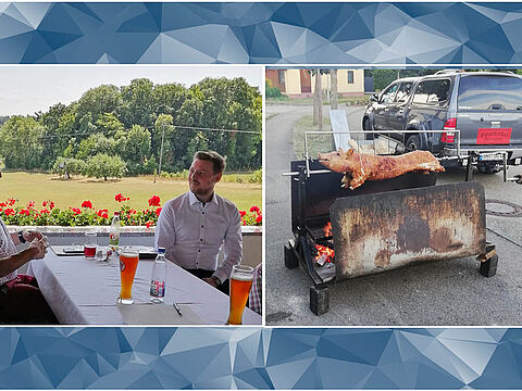 Beim Sommerfest der Kameradschaft ERH mit Spanferkelessen waren Landesvorsitzender Gerhard Stärk und MdB Kevin Leisner zu Gast. Fotomontage: DBw/Kaminsky